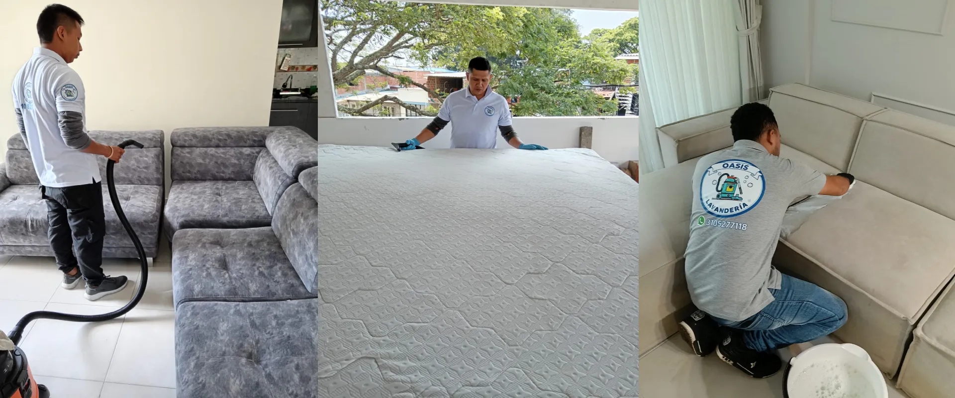 Técnicos de Oasis Lavandería lavando un sofá seccional, un colchón y una sala a domicilio en Cali